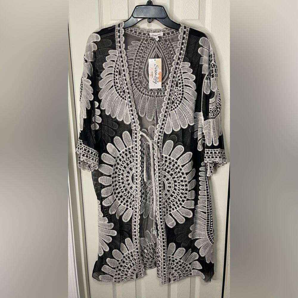 Siren Lily Floral Black Gray Boho Sheer Mesh Duster Open Kimono Cardigan size 2X